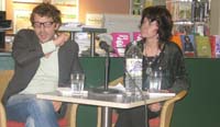 Ramsey Nasr emphasising a point in conversation with Ruth Padel